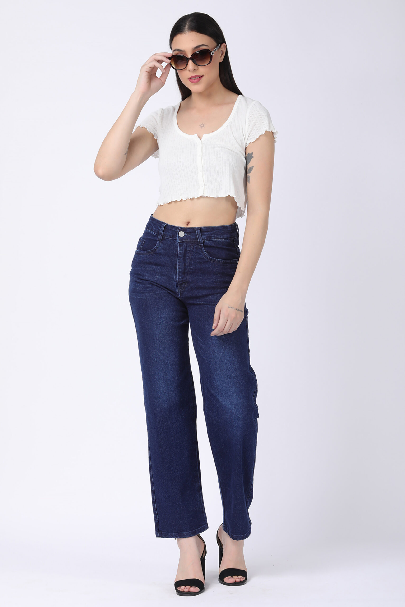 Women's Dark Blue High Waist Straight Fit Jeans