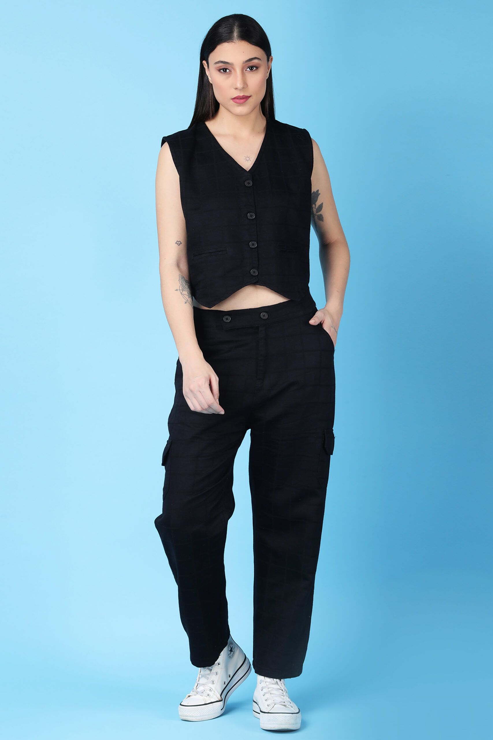 Women's Black Cotton Cargo Coord Set