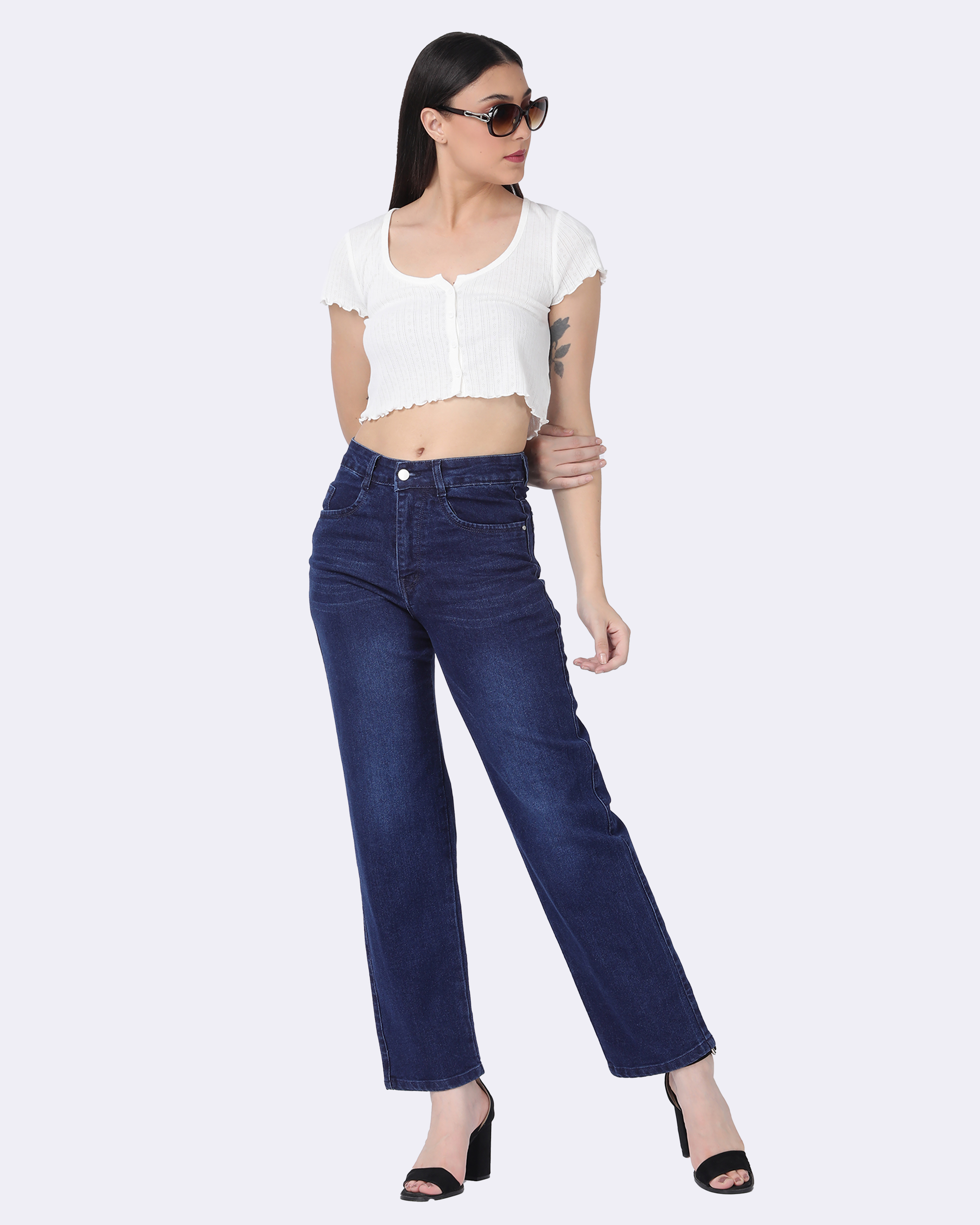 Women's Dark Blue High Waist Straight Fit Jeans