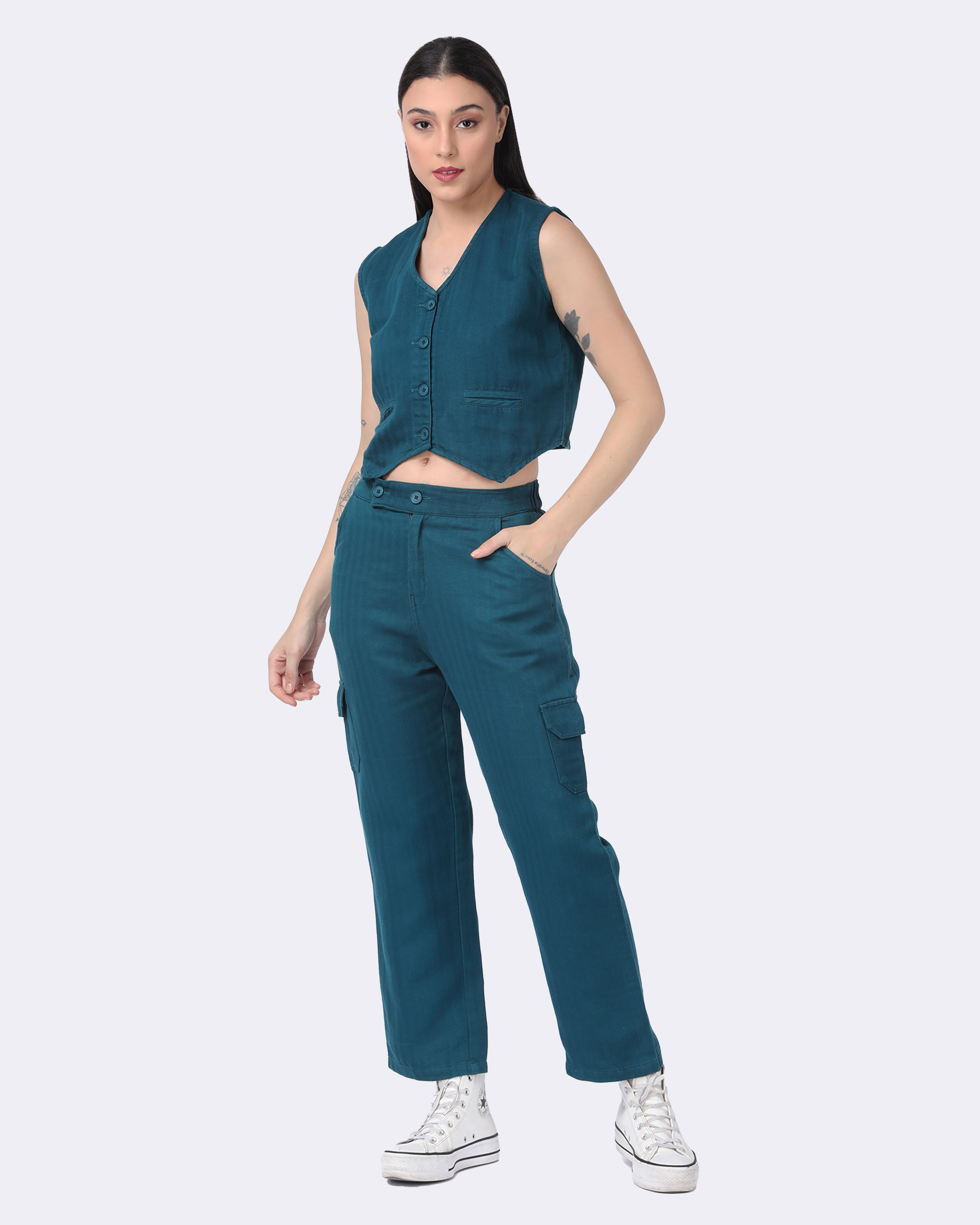 Women's Green Cotton Cargo Coord Set