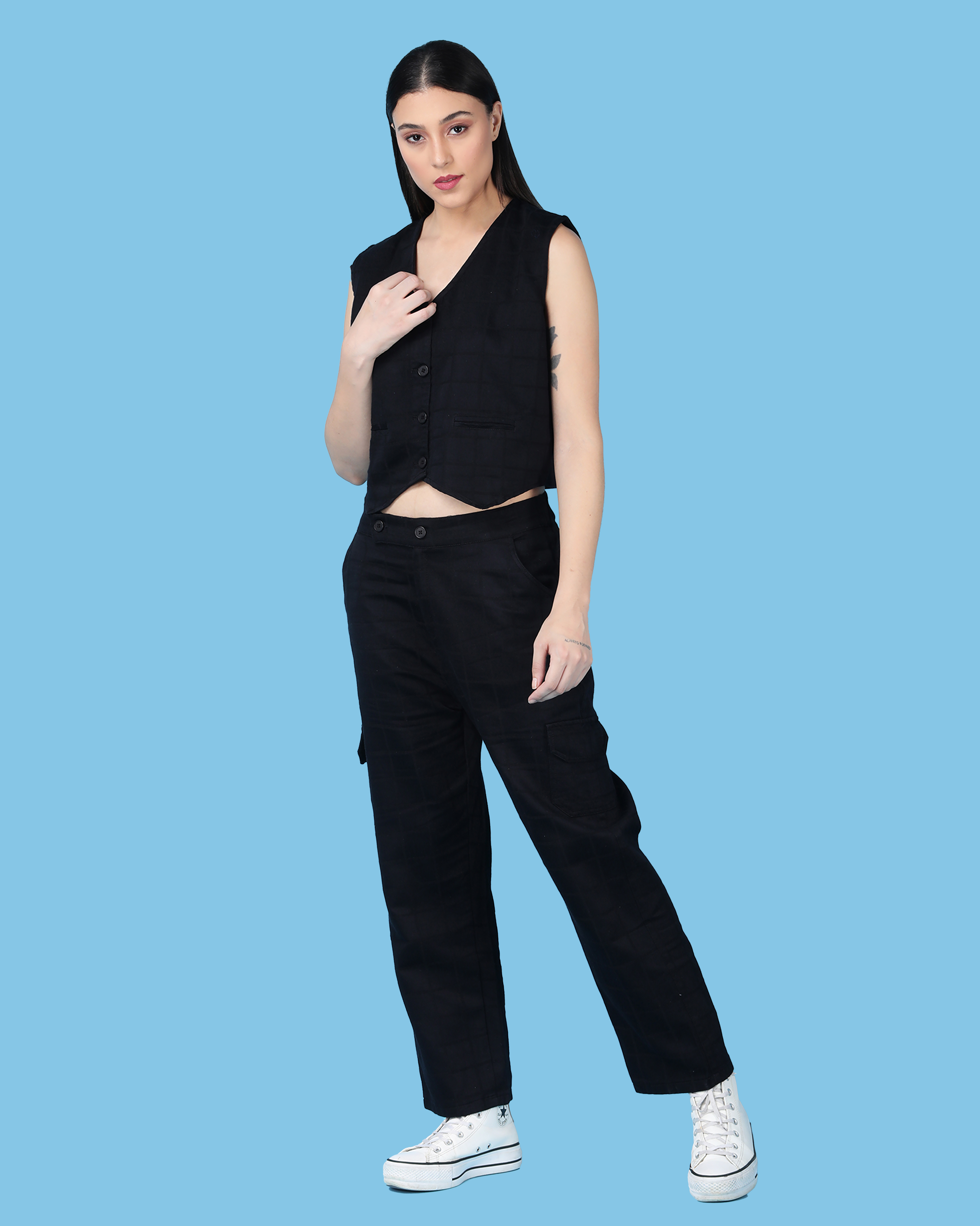 Women's Black Cotton Cargo Coord Set