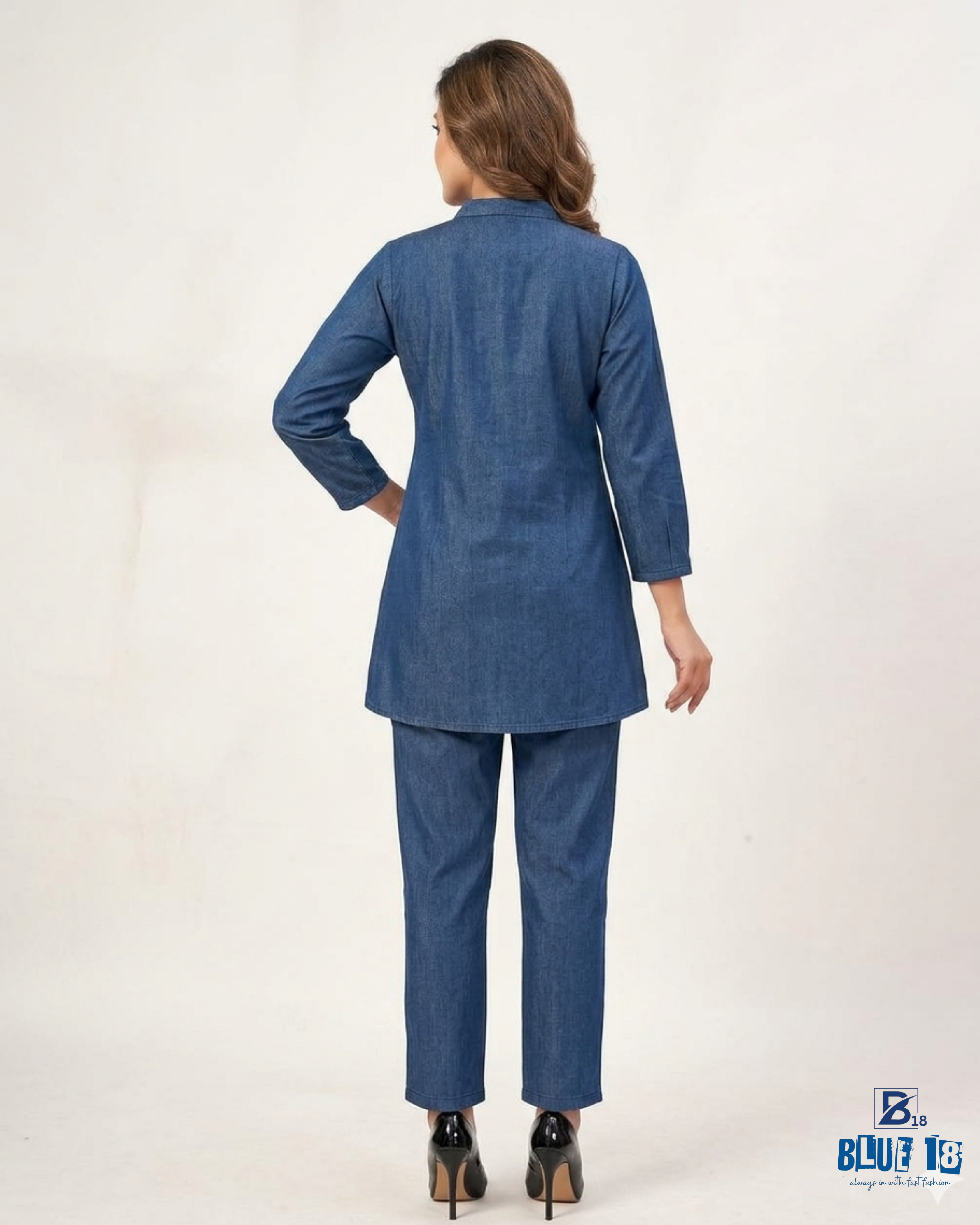 Embroidered Denim Kurta Pant Co-Ord Set