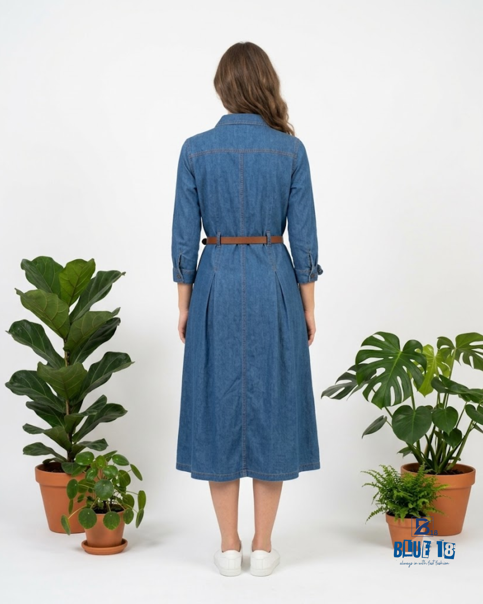 Women’s Denim Shirt Dress with Belt – Blue18