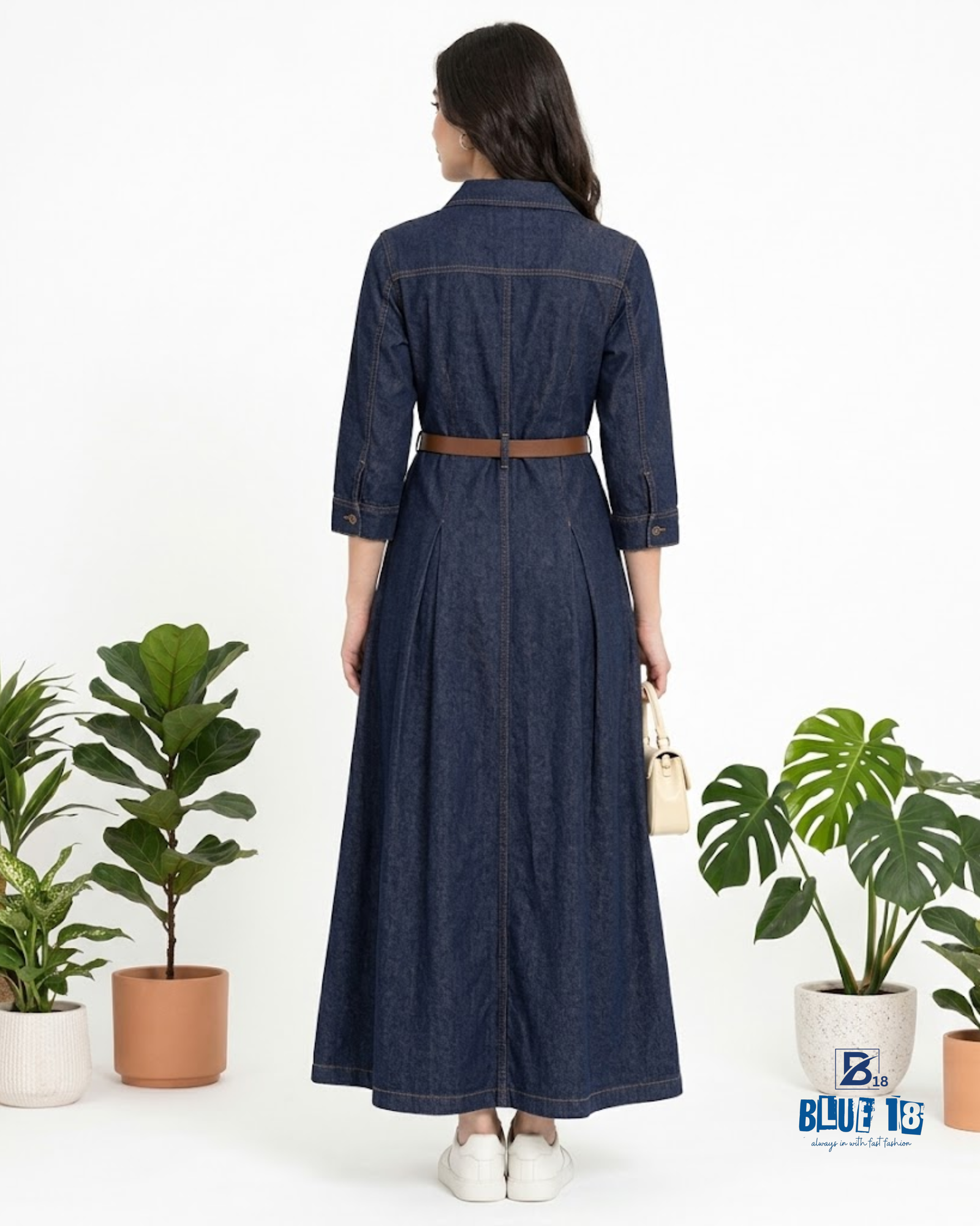 Elegant Dark Wash Denim Maxi Shirt Dress with Belt